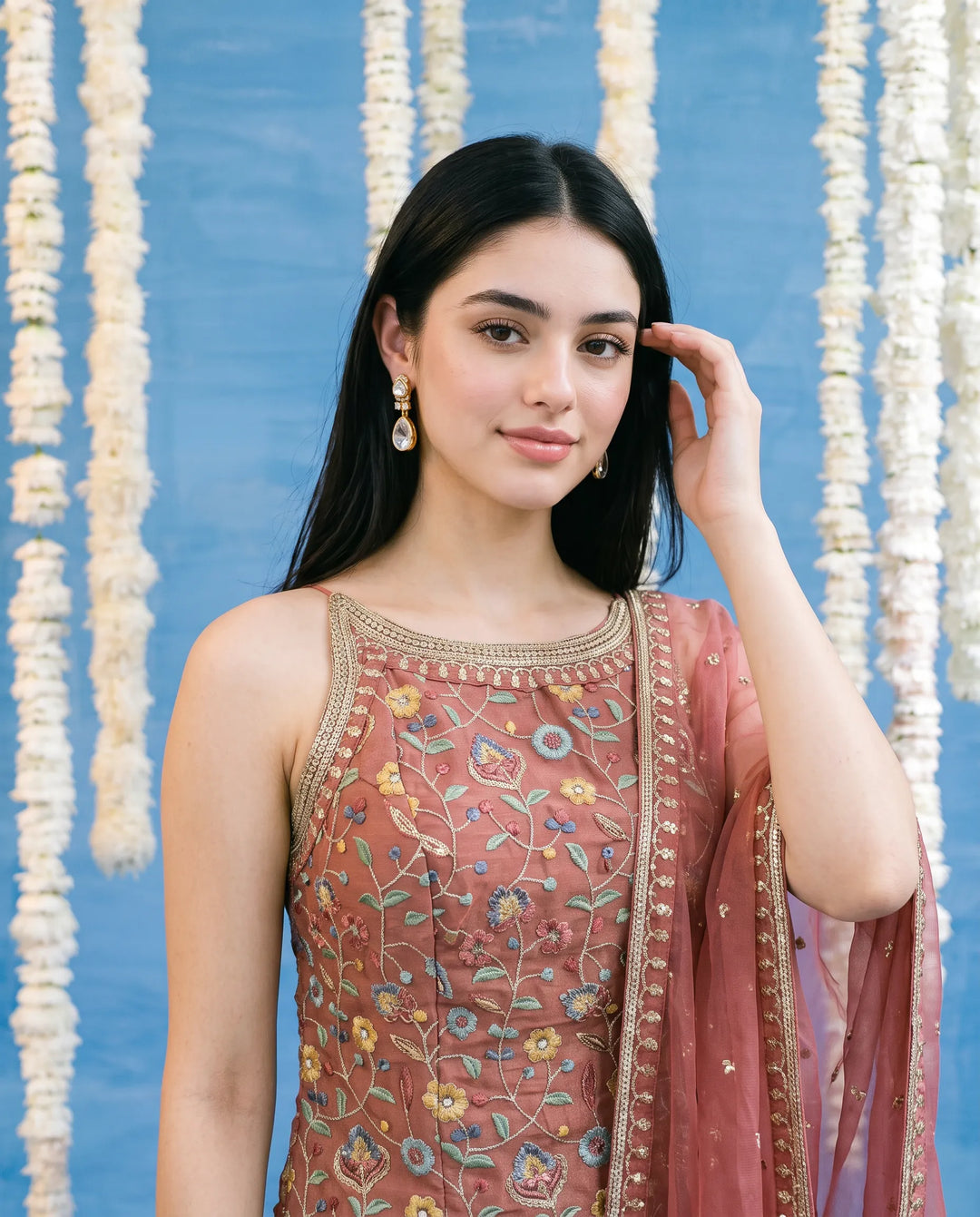 Pink Embroidered Silk Blended Spaghetti Strap Kurta Bottom Dupatta Set