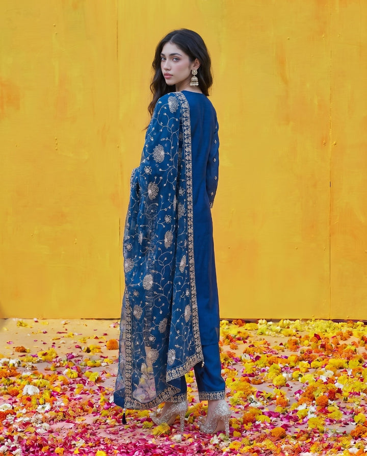 Blue Embriodered Silk Blended Kurta Bottom Dupatta Set