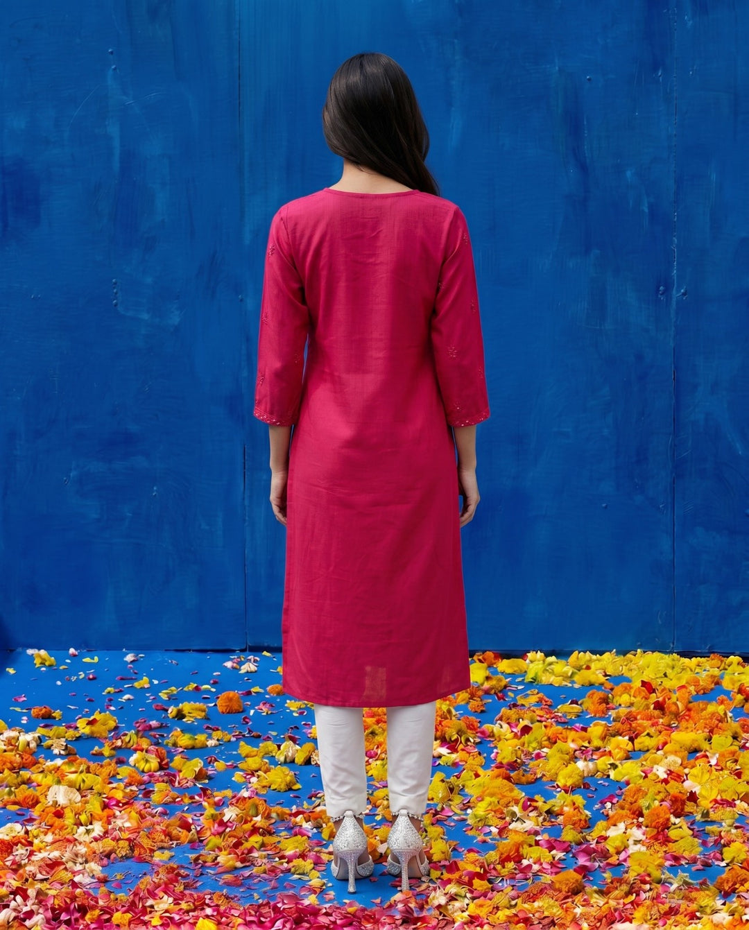 Magenta Embroidered Viscose Blended Straight cut Long Kurta