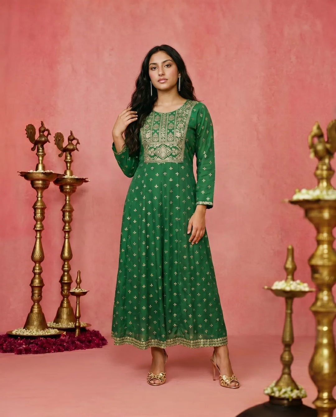 Green Embriodered Rayon Maxi Dress