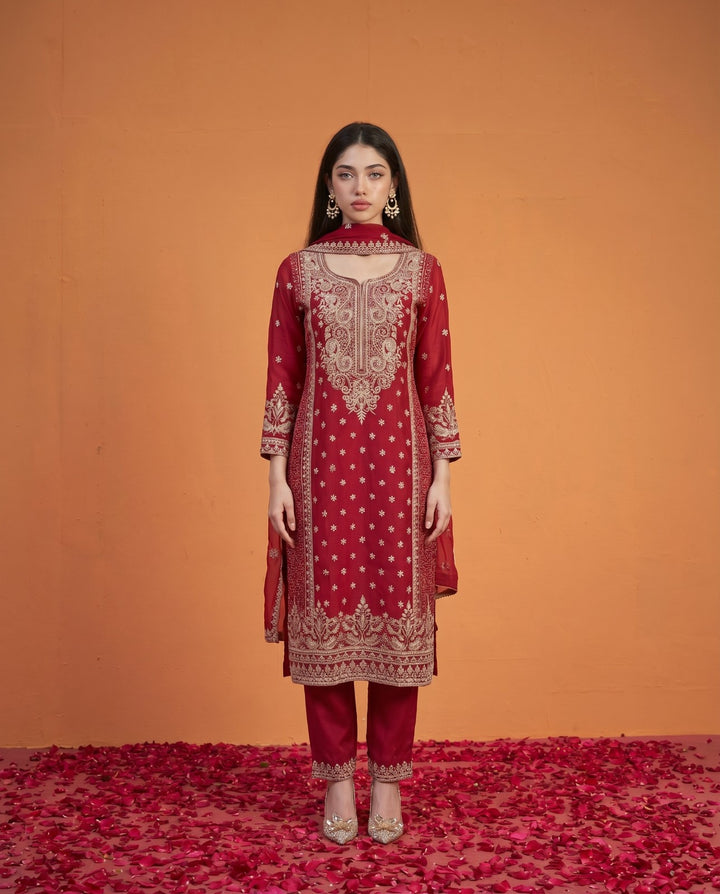 Magenta Embriodered Viscose Blended Kurta Bottom Dupatta Set