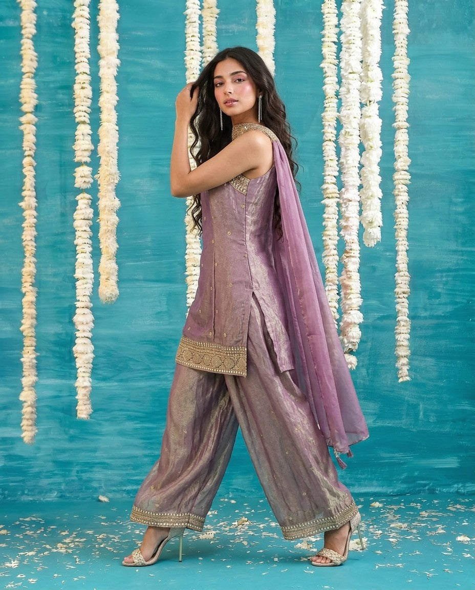 Purple Embriodered Silk Blended Spaghetti Strap Kurta Bottom Dupatta Set