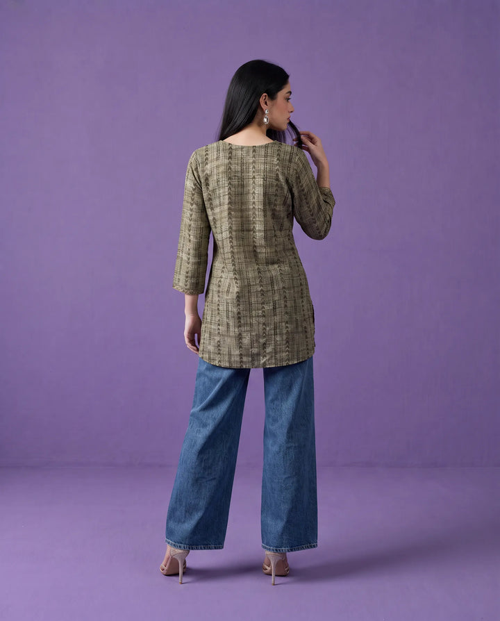 Grey Printed Viscose Blended Short Kurti