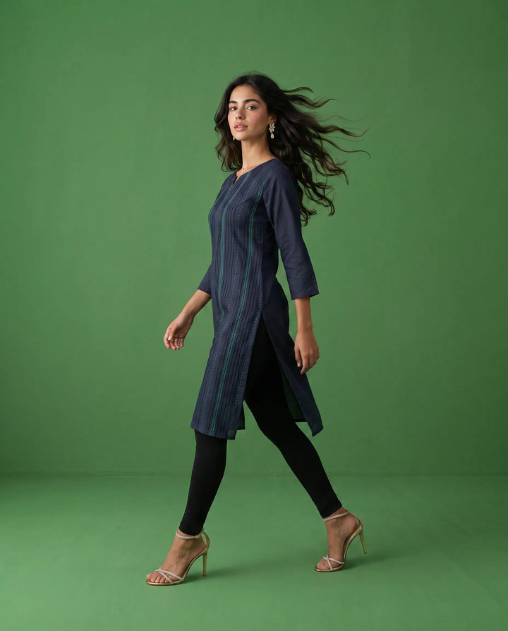 Navy Embroidered Cotton Straight cut Long Kurta