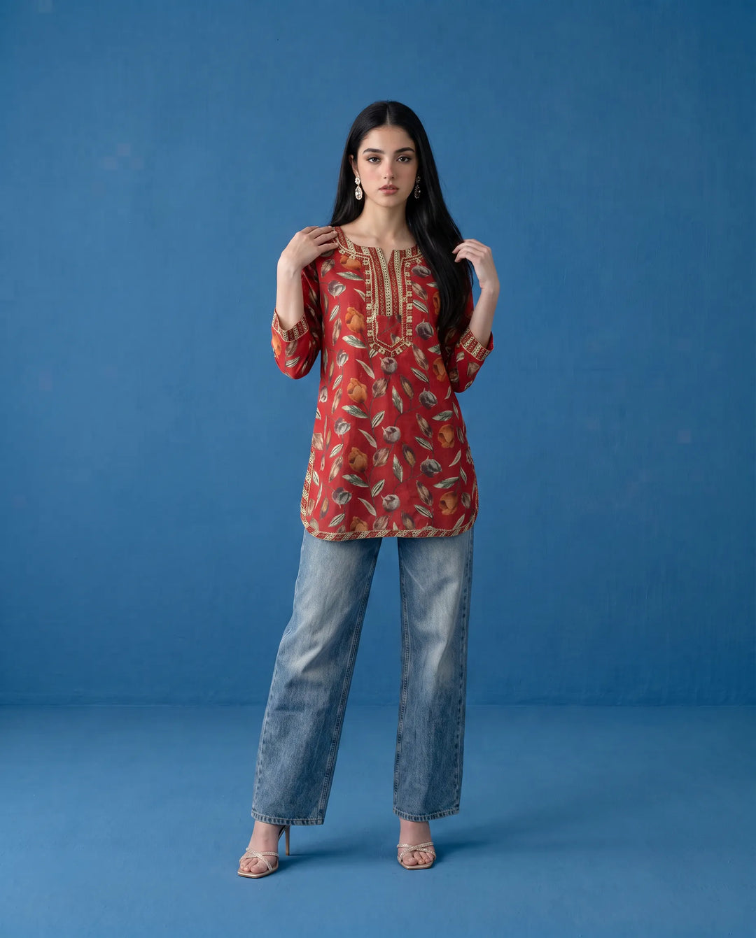 Red Printed Viscose Blended Short Kurti