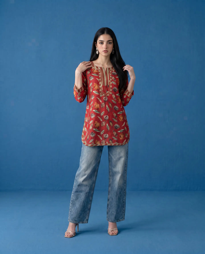 Red Printed Viscose Blended Short Kurti