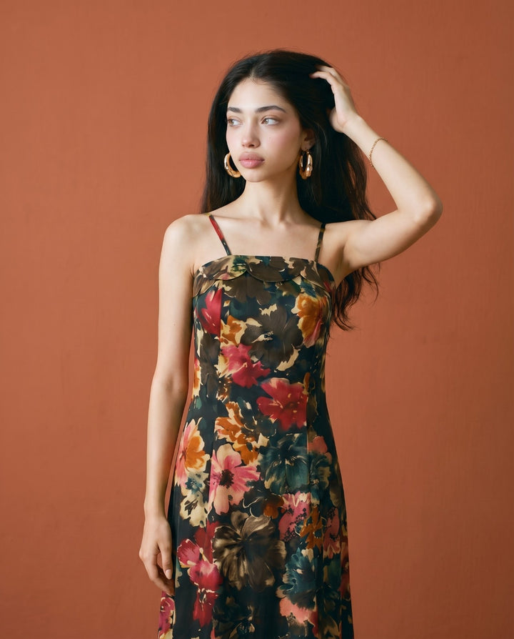 Black Printed Silk Blended Midi Dress