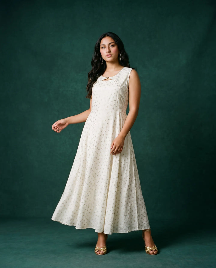 White Printed Rayon Sleeveless Maxi Dress