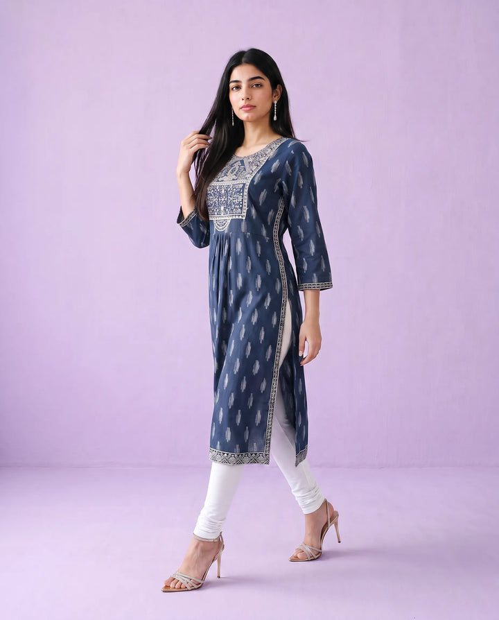 Navy Embroidered Cotton A- Line Long Kurta