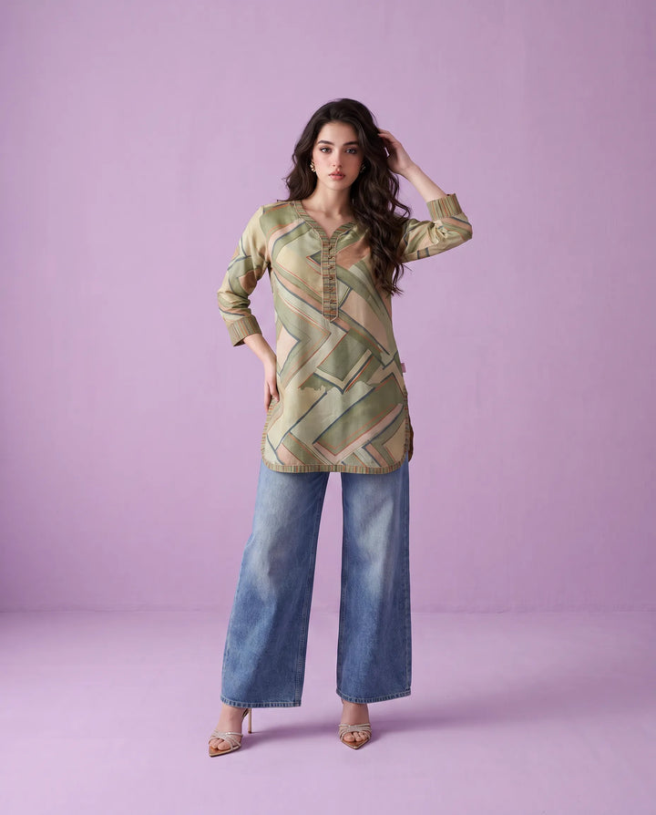 Olive Printed Cotton Blended Short Kurti