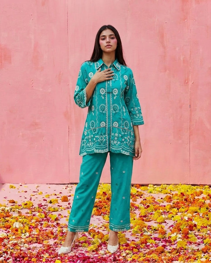 Turquoise Embroidered Cotton Satin Co-Ord Set