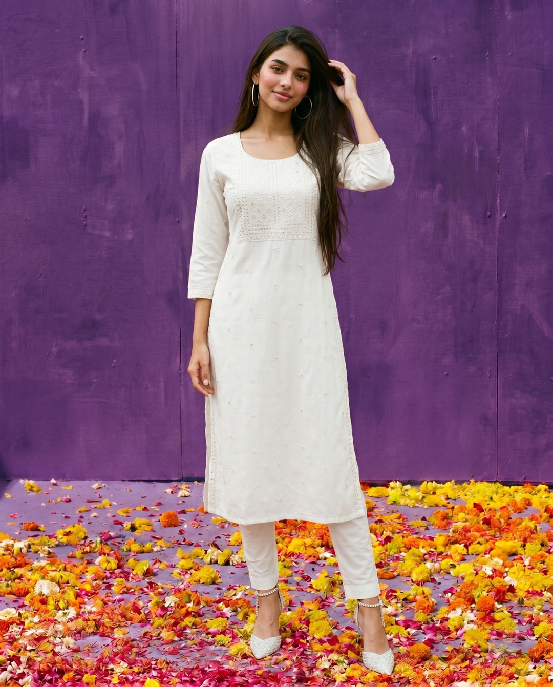 White Embroidered Viscose Blended Straight cut Long Kurta