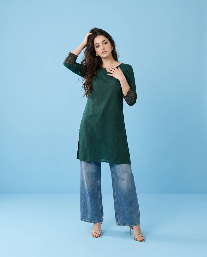 Green Embroidered Cotton Short Kurti