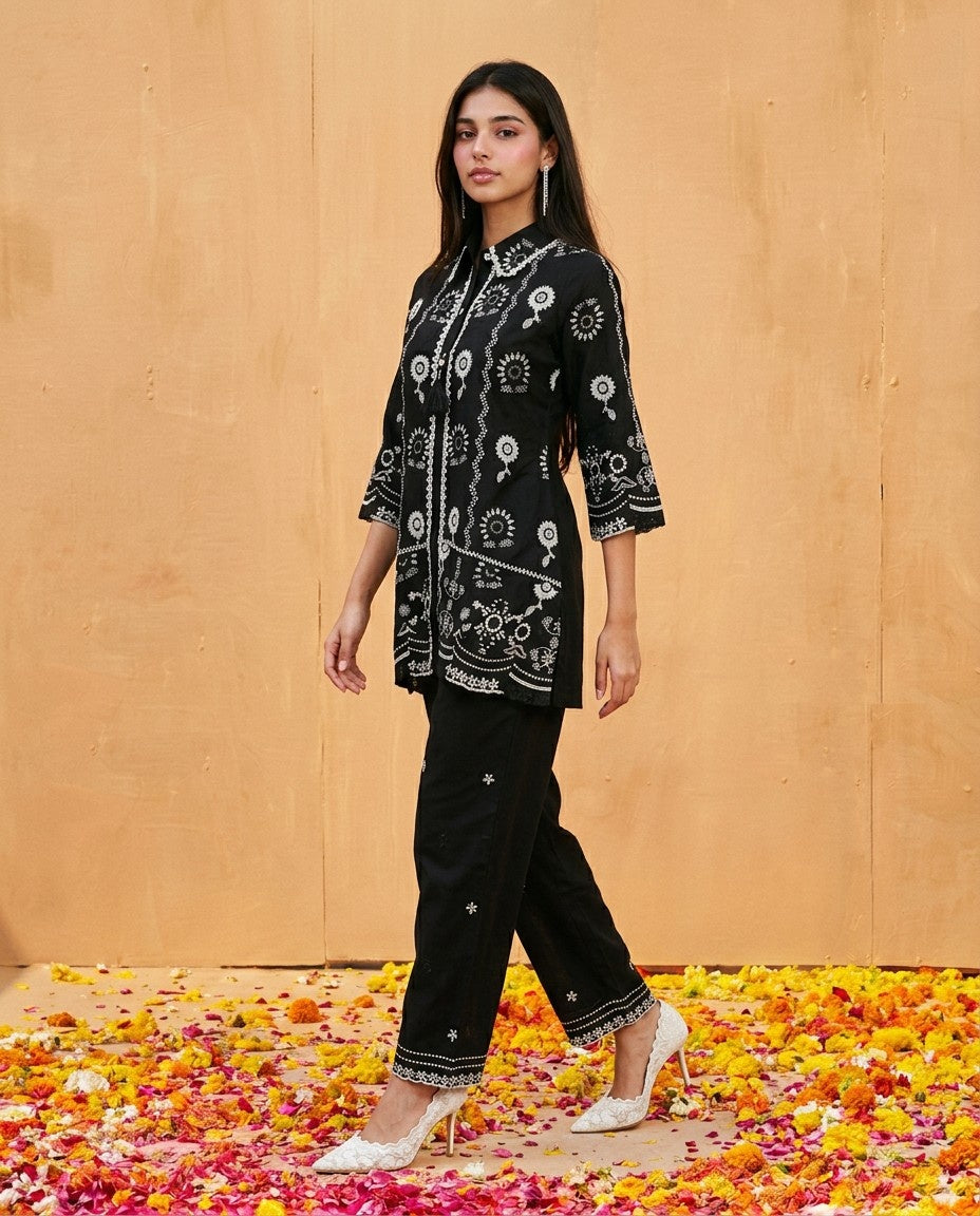 Black Embroidered Cotton Satin Co-Ord Set
