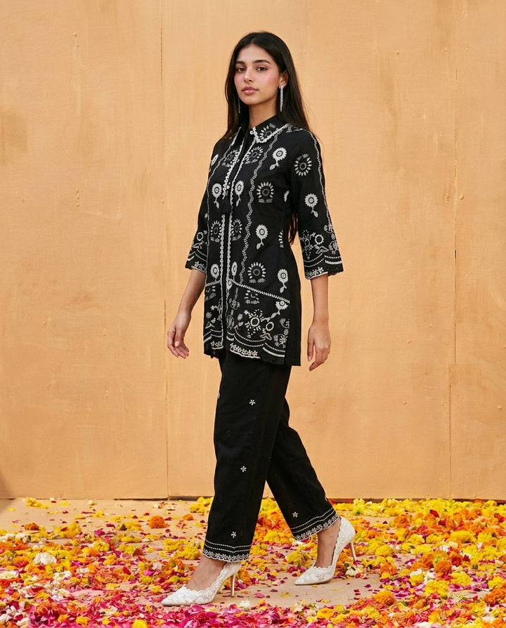 Black Embroidered Cotton Satin Co-Ord Set