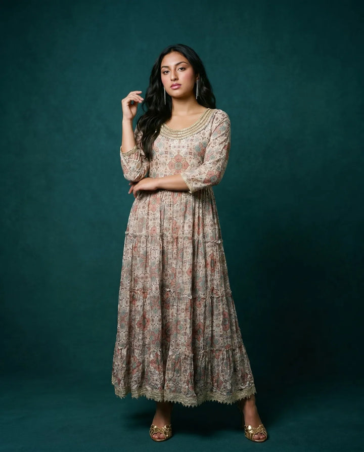 Multi Colour Printed Silk Blended Maxi Dress