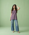 Purple Embroidered Cotton Blended Sleeveless Short Kurti