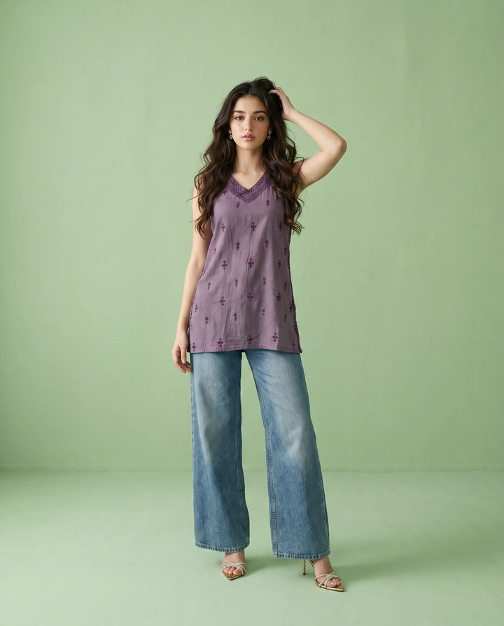 Purple Embroidered Cotton Blended Sleeveless Short Kurti