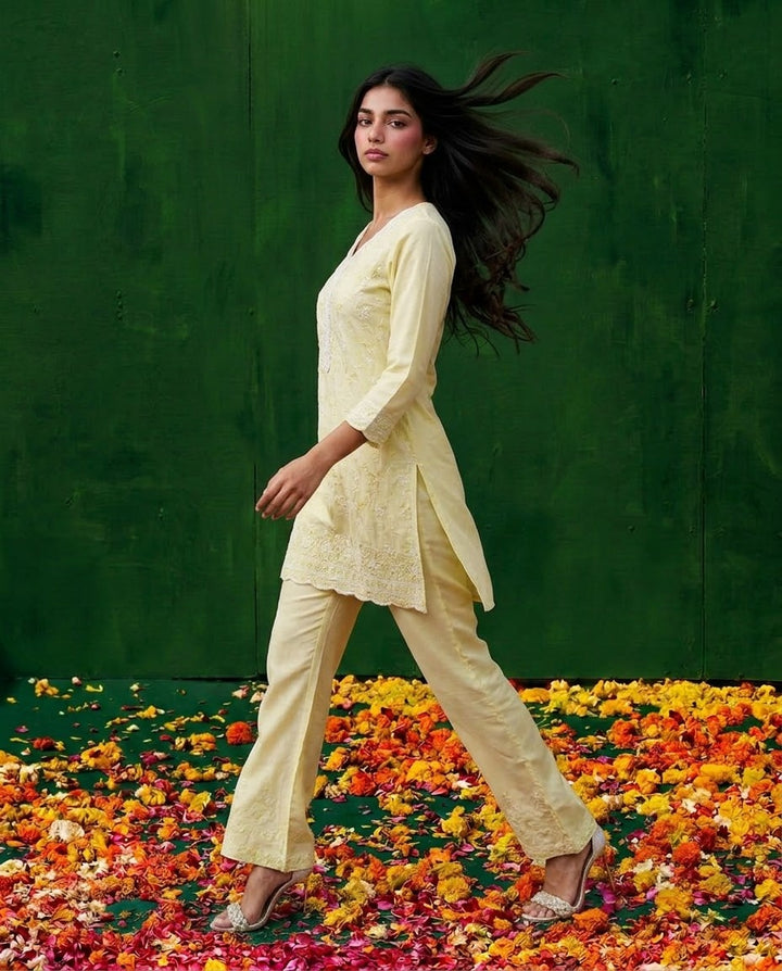 Yellow Embriodered Cotton Satin Co-Ord Set