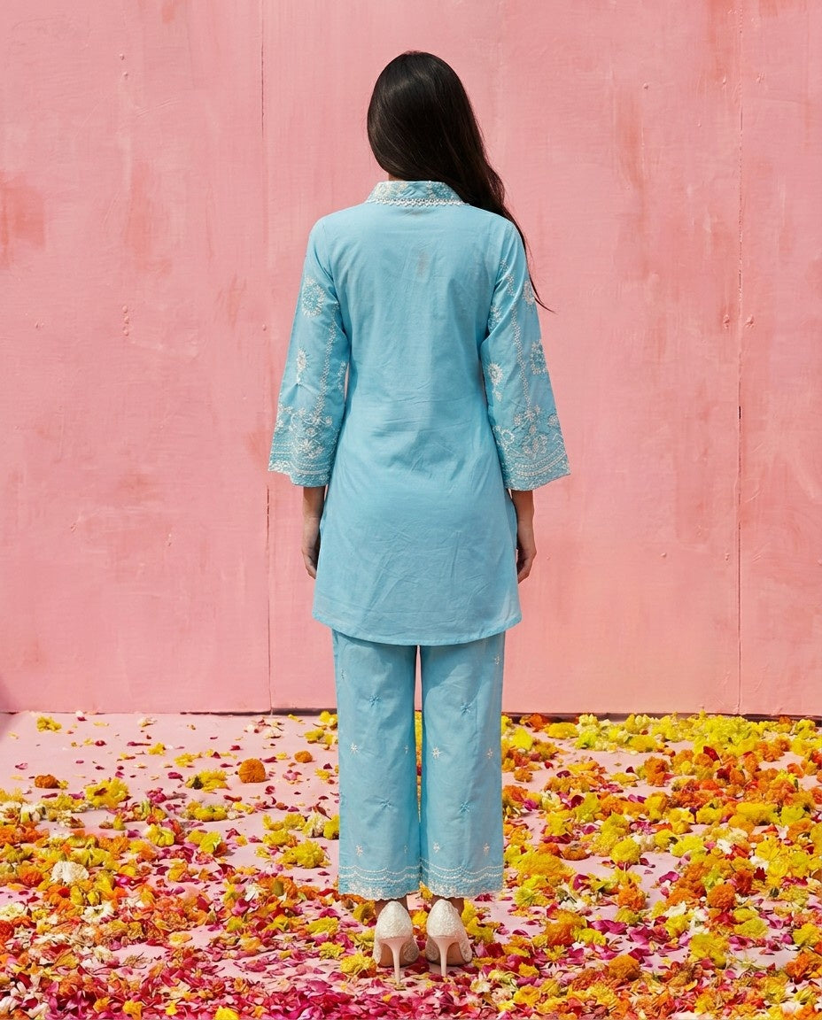 Blue Embroidered Cotton Satin Co-Ord Set