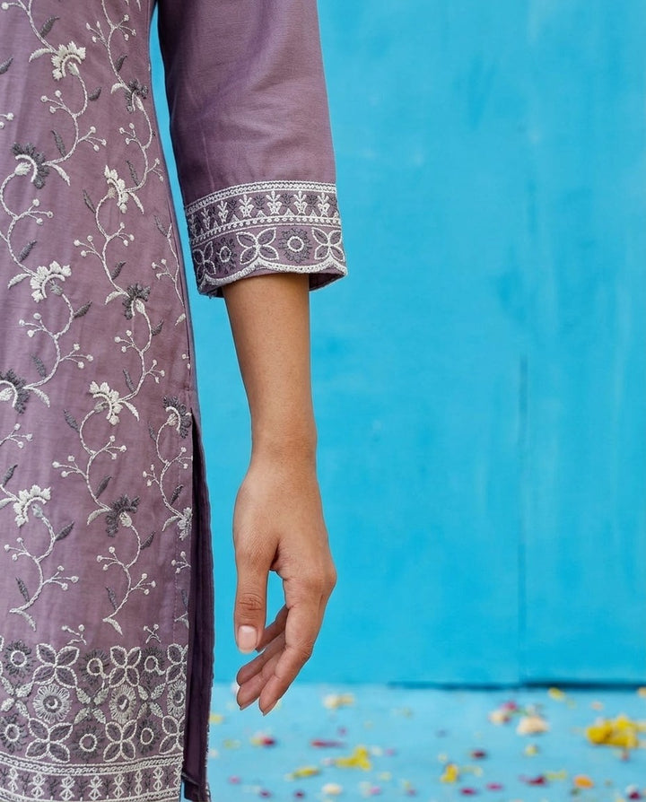 Purple Embriodered Cotton Satin Co-Ord Set