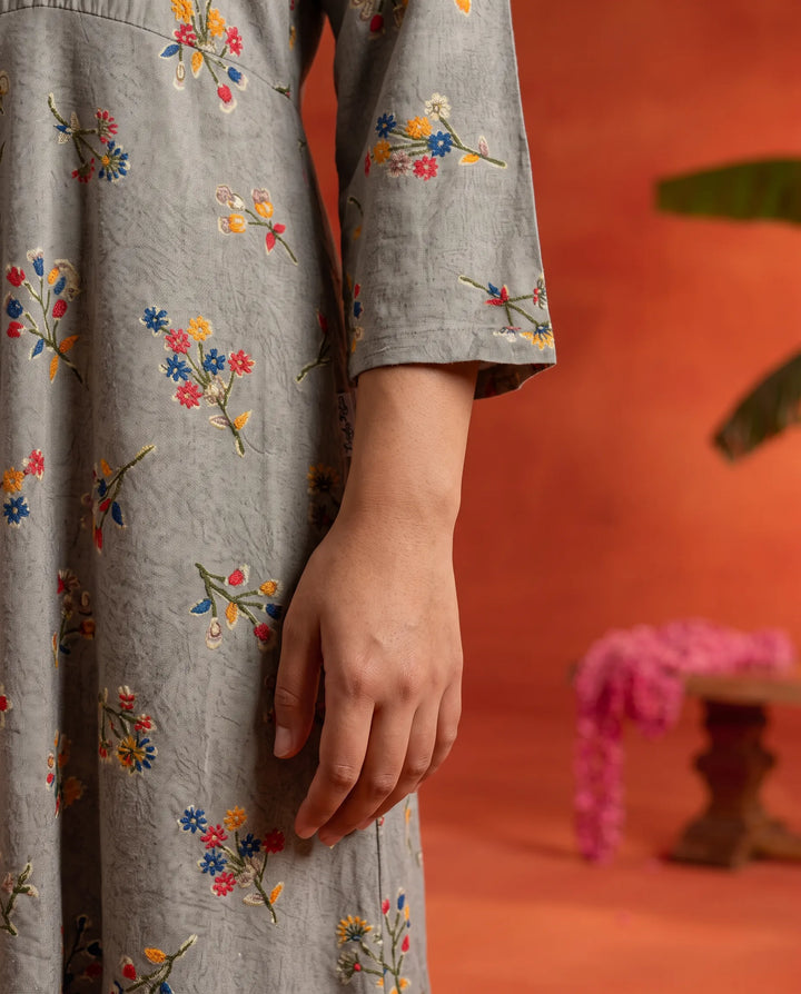 Grey Printed Rayon Maxi Dress