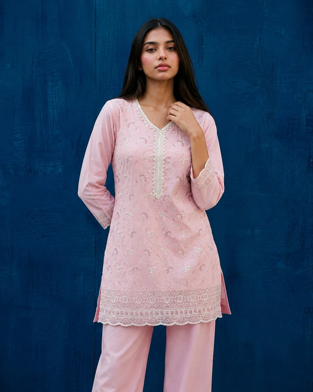 Pink Embriodered Cotton Satin Co-Ord Set