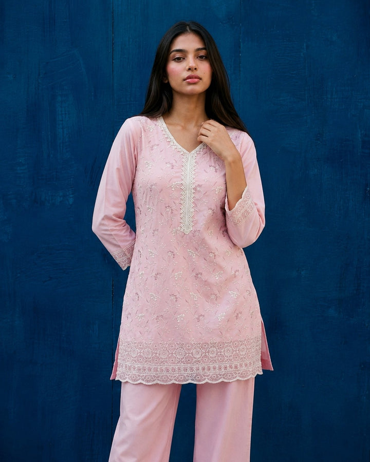 Pink Embriodered Cotton Satin Co-Ord Set