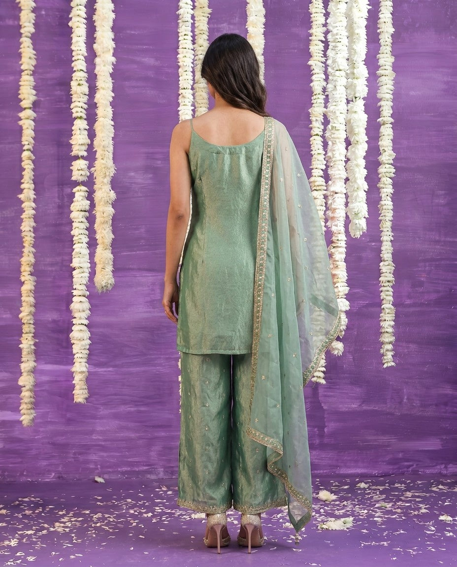 Sea Green Embriodered Silk Blended Spaghetti Strap Kurta Bottom Dupatta Set