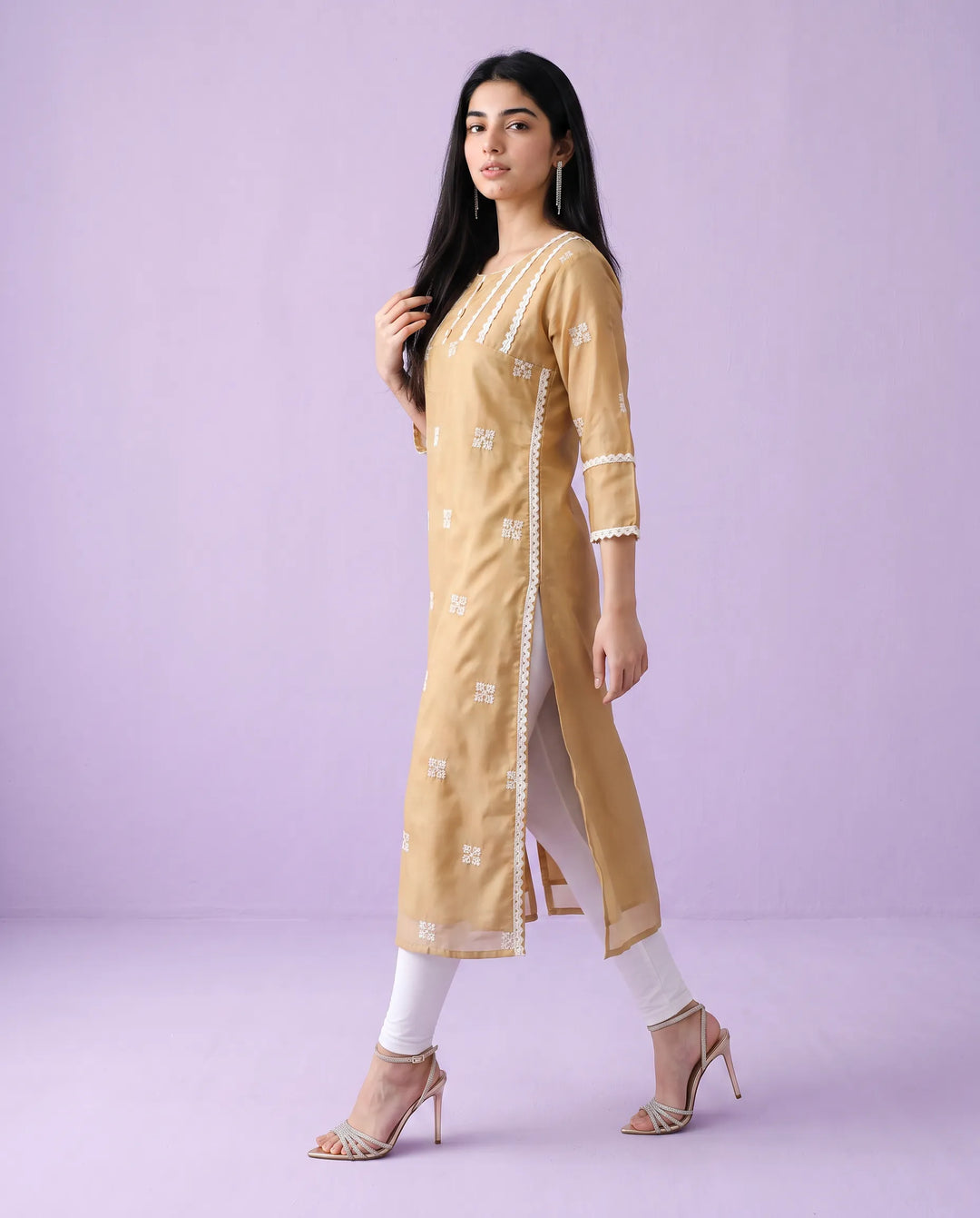 Beige Embroidered Viscose Blended Straight Cut Long Kurta