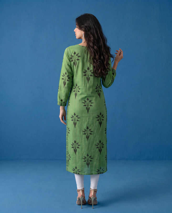 Green Printed Cotton Straight cut Long Kurta