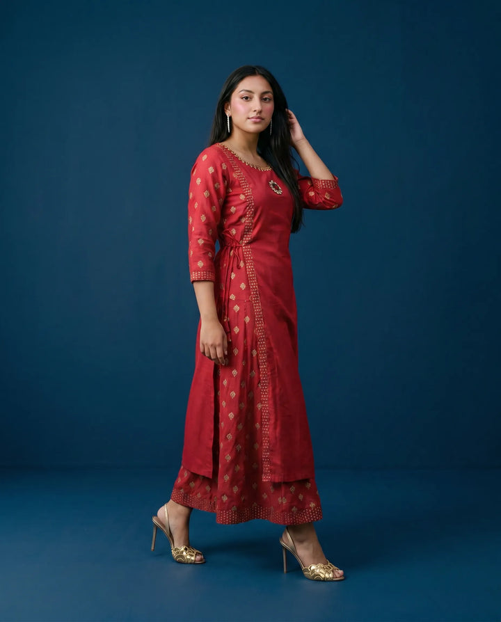 Red Printed Viscose Blended Maxi Dress