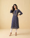 Navy Printed Cotton Straight Cut Long Kurta