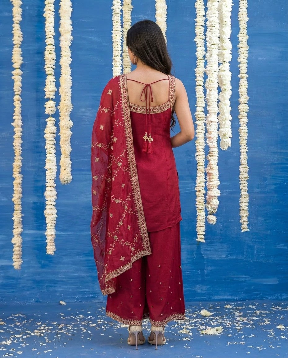 Magenta Embriodered Silk Blended Sleeveless Kurta Bottom Dupatta Set