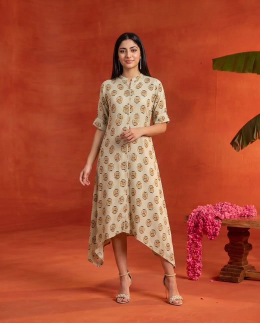 Beige Printed Rayon Maxi Dress