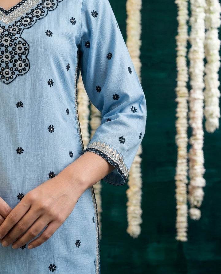 Blue Embroidered Viscose Blended Straight cut Long Kurta