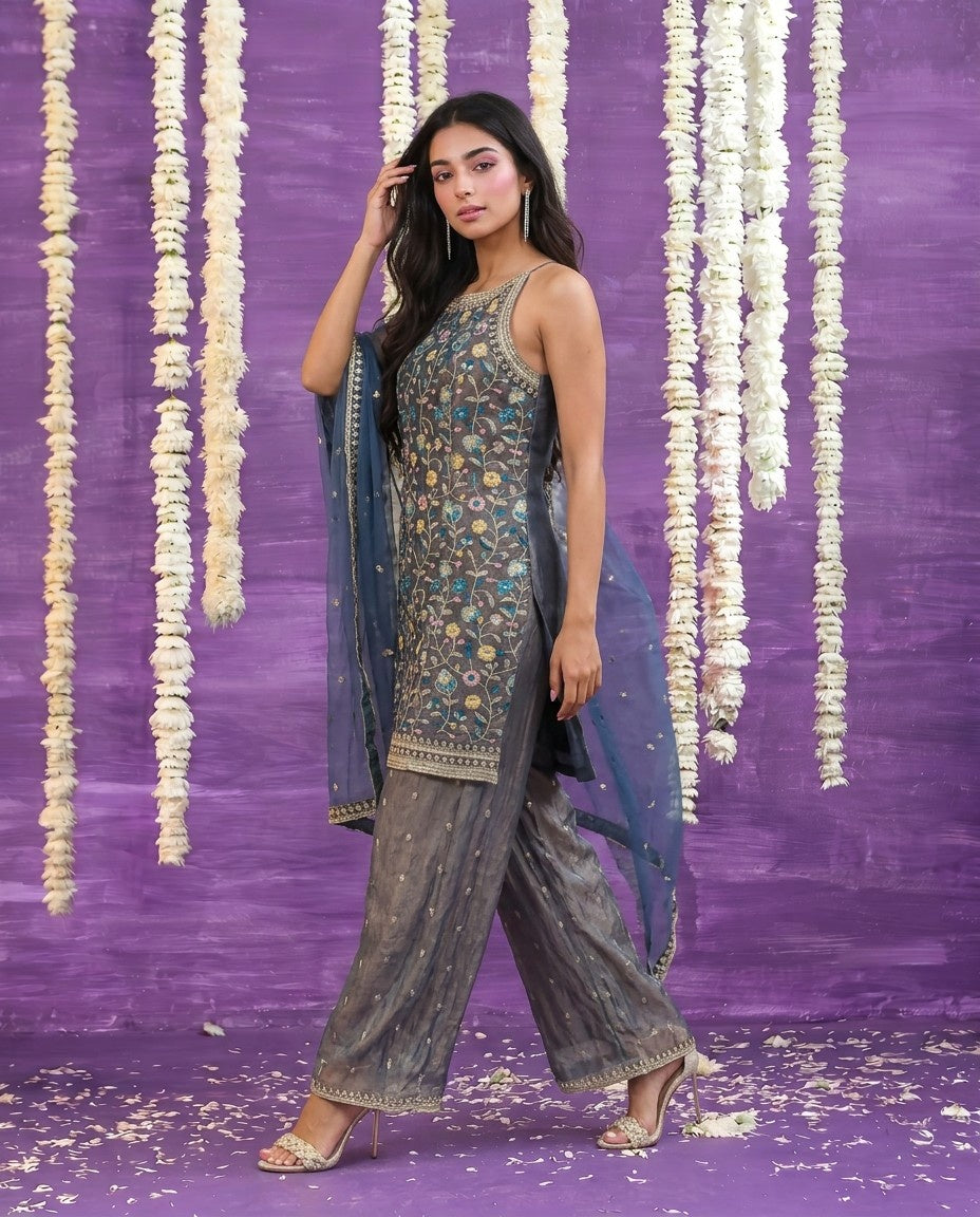 Grey Embriodered Silk Blended Spaghetti Strap Kurta Bottom Dupatta Set