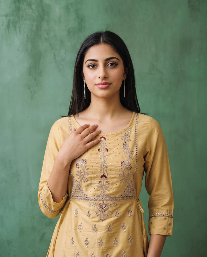 Yellow Embriodered Silk Blended Maxi Dress