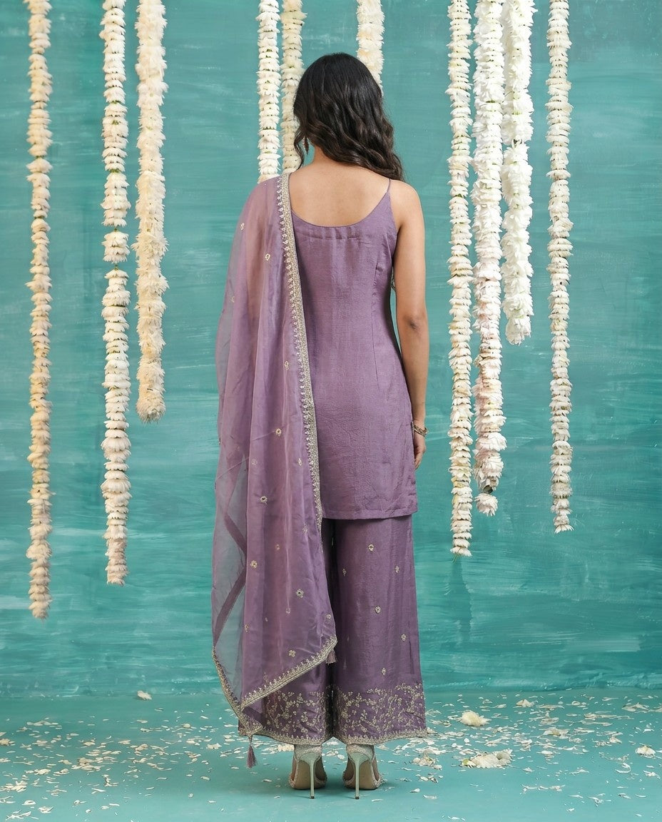Purple Embriodered Silk Blended Spaghetti Strap Kurta Bottom Dupatta Set