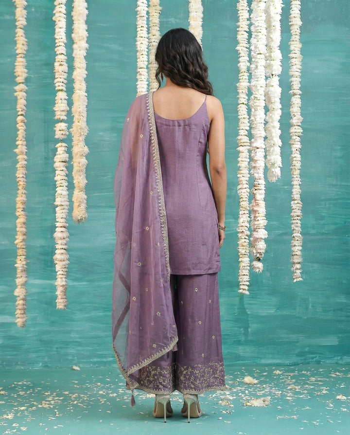 Purple Embriodered Silk Blended Spaghetti Strap Kurta Bottom Dupatta Set