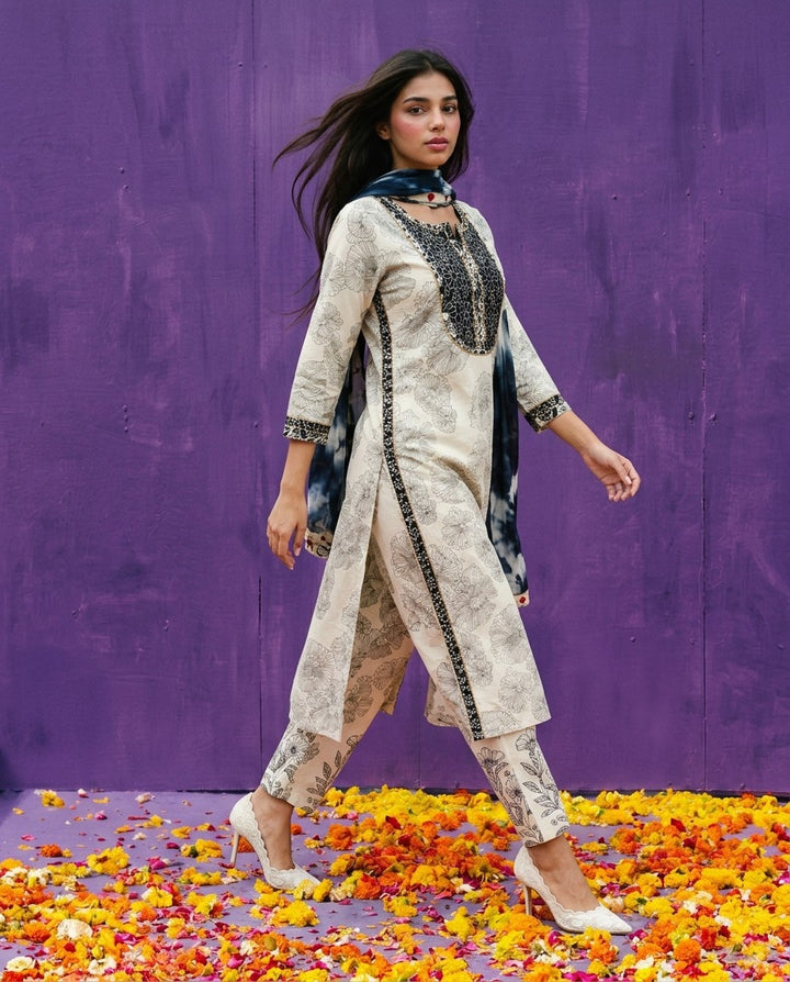 White Printed Cotton Kurta Bottom Dupatta Set