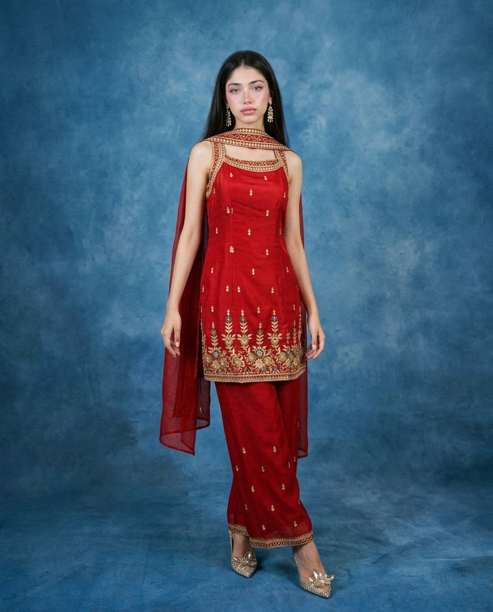 Red Embroidered Silk Blended Kurta Bottom Dupatta Set