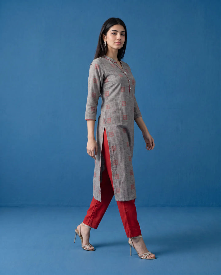 Grey Printed Cotton Straight cut Long Kurta