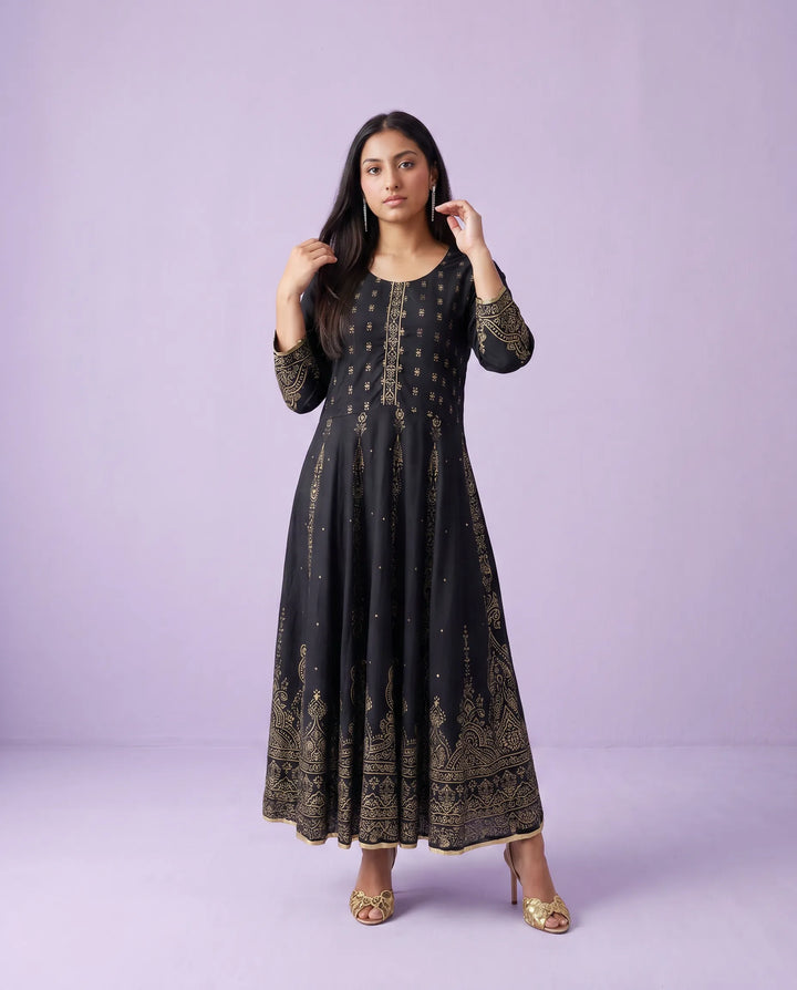 Black Printed Rayon Maxi Dress