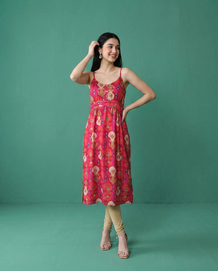 Pink Printed Viscose Blended Spaghetti Strap Straight Cut Long Kurta