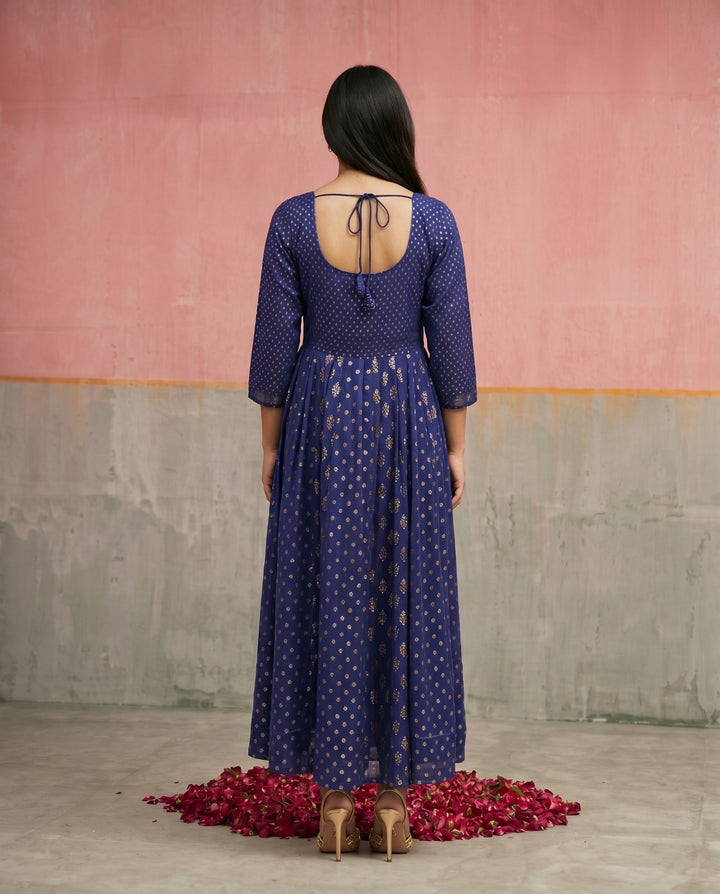 Navy Printed Mal Cotton Foil Printed Maxi Dress