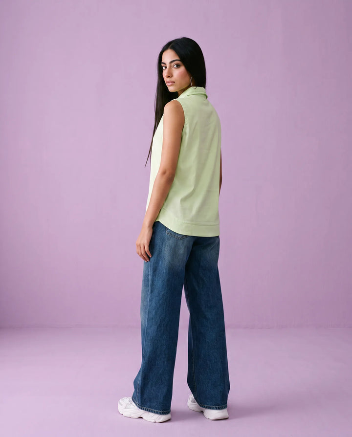 Sea Green Solid Cotton Satin Sleeveless Top