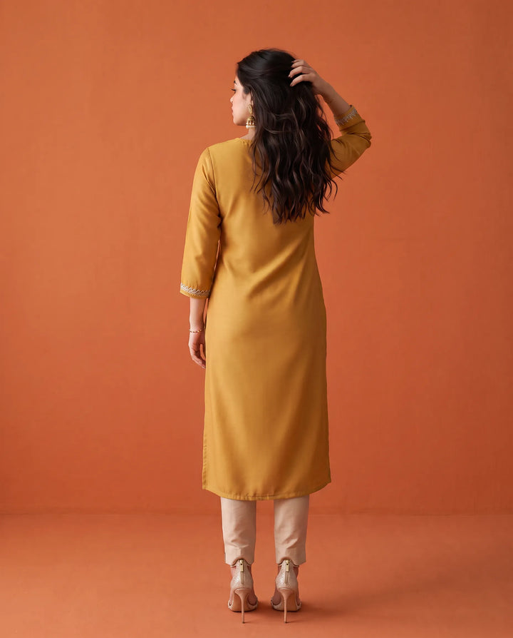 Yellow Printed Silk Blended Straight cut Long Kurta
