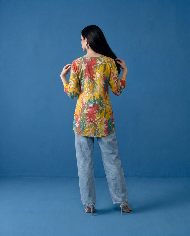 Yellow Printed Viscose Blended Short Kurti