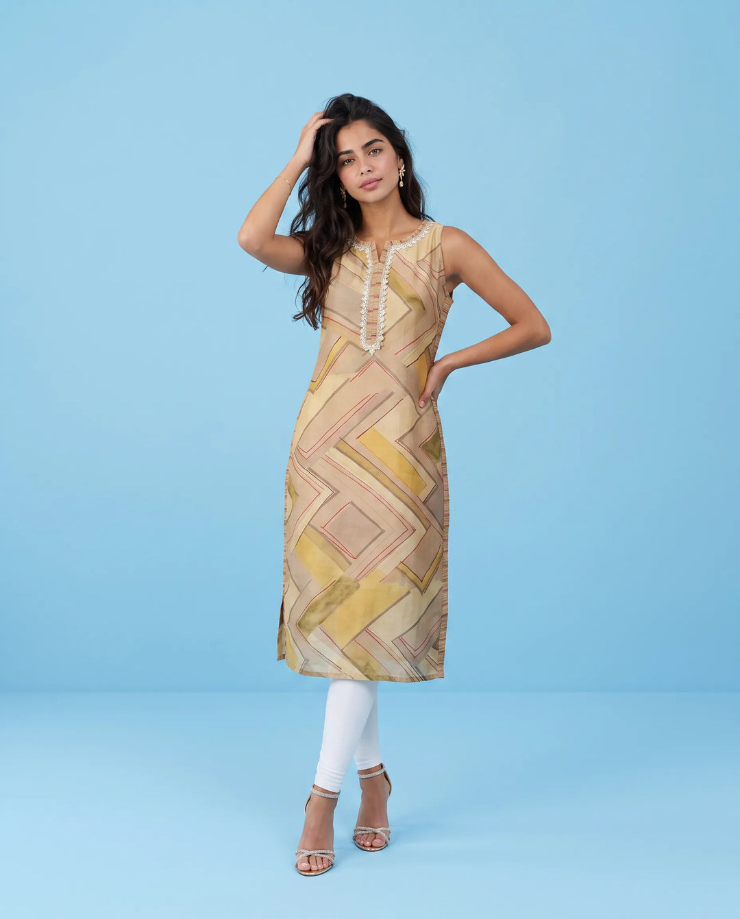 Beige Viscose Blended Sleeveless Straight cut Long Kurta